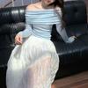 Women's Slim Fit One-Shoulder White Long-Sleeve Sweater, Elegant Pleated Spring Top