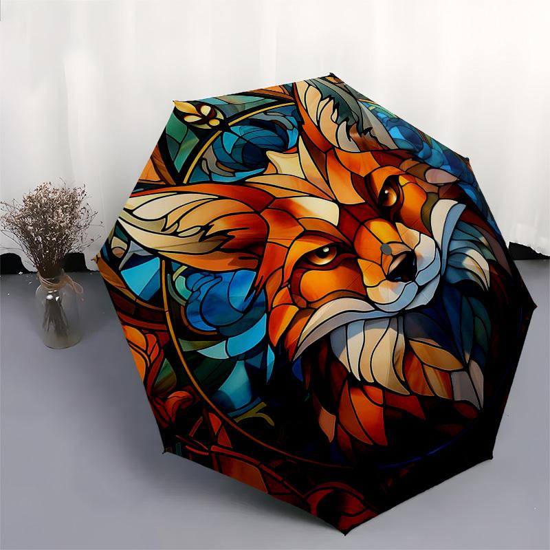 1pc Stained Glass Fox Design Automatic Folding Umbrella - Portable Tri-Fold Design with 8-Bone Iron Frame, Outdoor, Ideal Gift for Fans, Travelers, Da