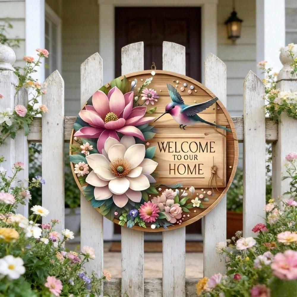 Welcome Home Metal Yard Sign 2D Round Iron Bird Flower Garden Decor Outdoor Patio Porch Wall Art 8x8 Inch