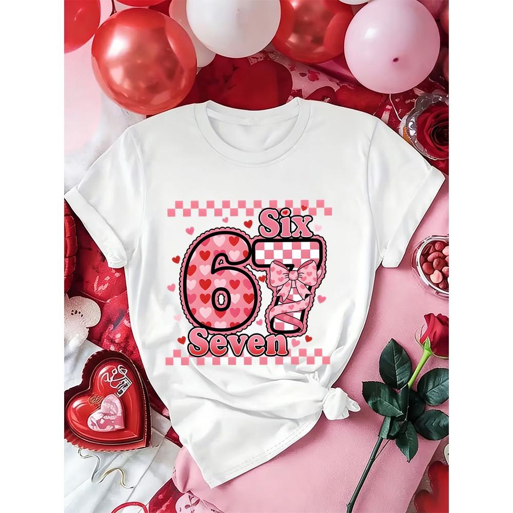 Vintage Grid Number 67 Sweet Coquette Bow Valentine's Day T-shirt Women Men Funny Six Seven Trend Y2K Tees Tops Gift