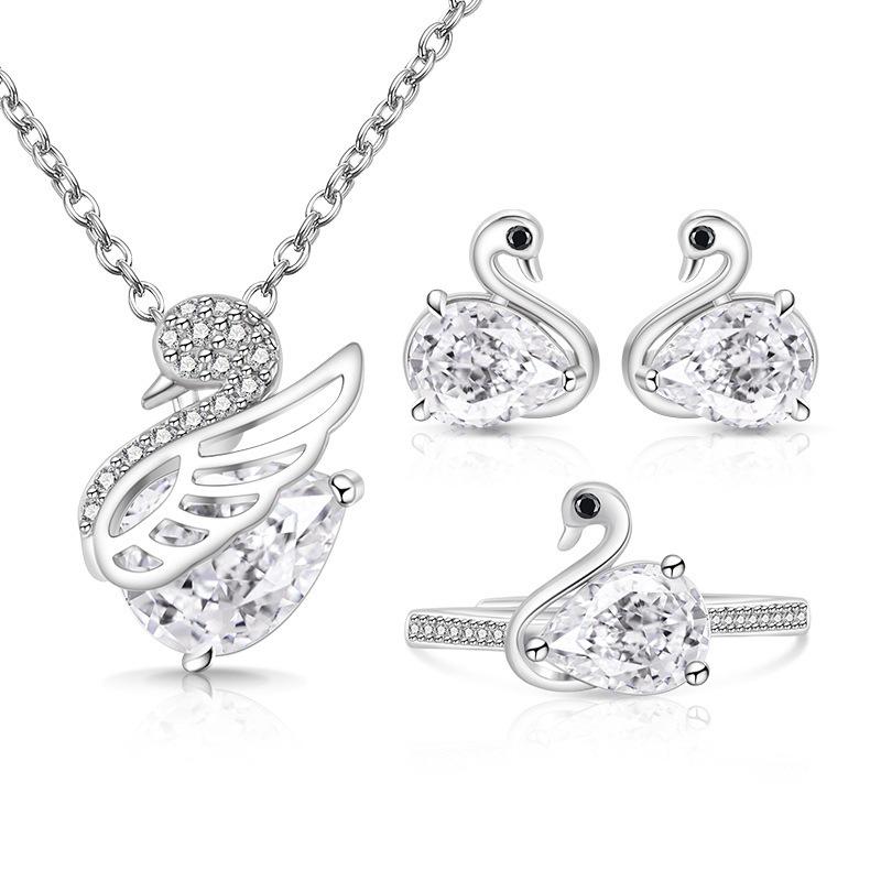 Color Treasure Ice Flower Cut Swan Set Plated Real Gold High Carbon Diamond Ring Stud Earrings Necklace Pendant Jewelry Ring Size:Adjustable
