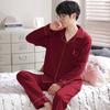 Good Luck Men's Red Festive Pajamas: Spring/Autumn Long Sleeve Cardigan, Pure Cotton, Solid Color, Loose Fit, Plus Size Home Wear Set