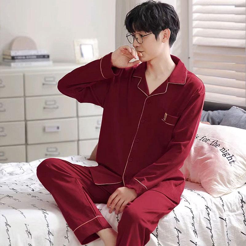 Good Luck Men's Red Festive Pajamas: Spring/Autumn Long Sleeve Cardigan, Pure Cotton, Solid Color, Loose Fit, Plus Size Home Wear Set