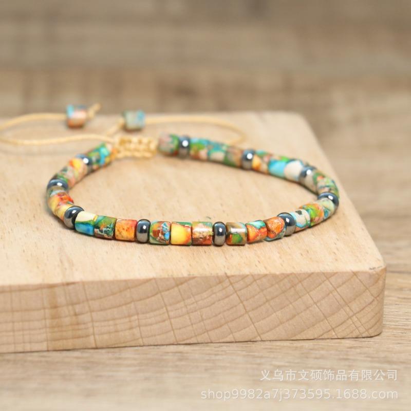 Rainbow Imperial Jasper Square Bead Bracelet – Hematite Accent Adjustable Boho Jewelry, Joy Energy Gift for Men & Women