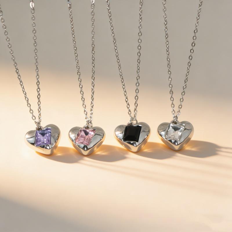 Crystal Heart Pendant Necklace - Multiple Colors, Silver Clavicle Chain, Fashion Jewelry