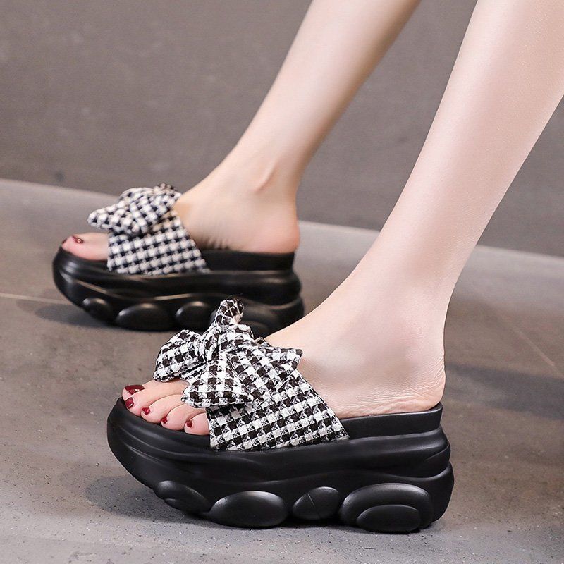 CINESSD Summer Platform Slippers Women Blue Pleated Riband Discolor Ladies Chunky Sole Beach Cool Wedges Slides Shoes Woman