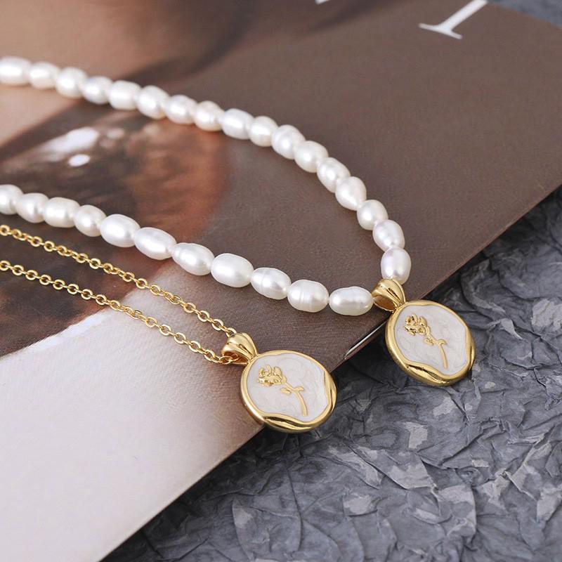 Винтажное французское эмалевое жемчужное ожерелье с розой: Элегантная медная ключичная цепочка для женщин