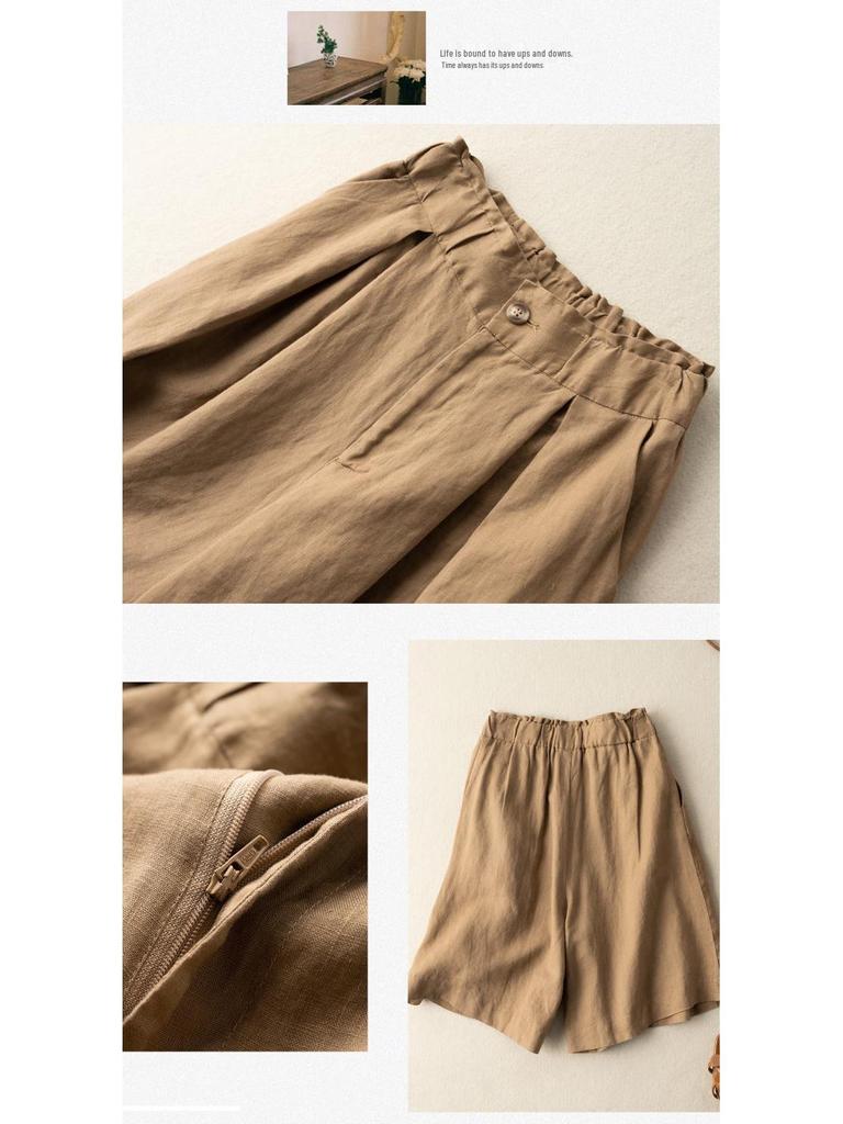 Women's Summer Cotton-Linen Wide-Leg Shorts, Loose Button-Waist, Korean Style, Plus-Size Casual Five-Point Pants
