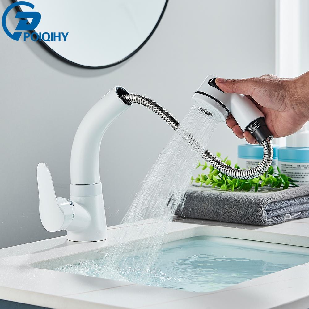 

POIQIHY выдвижной черный смеситель для раковины в ванной комнате, смеситель для горячей и холодной воды, подъемный кран, хромированный смеситель для воды на 360 градусов белый