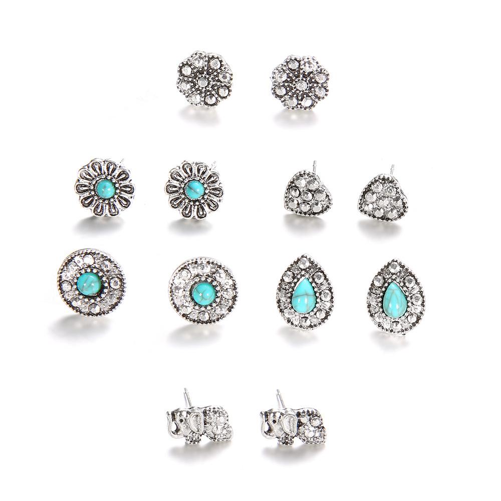 Bohemian Retro Hollow Elephant Turquoise Diamond Stud Earrings Combination Set