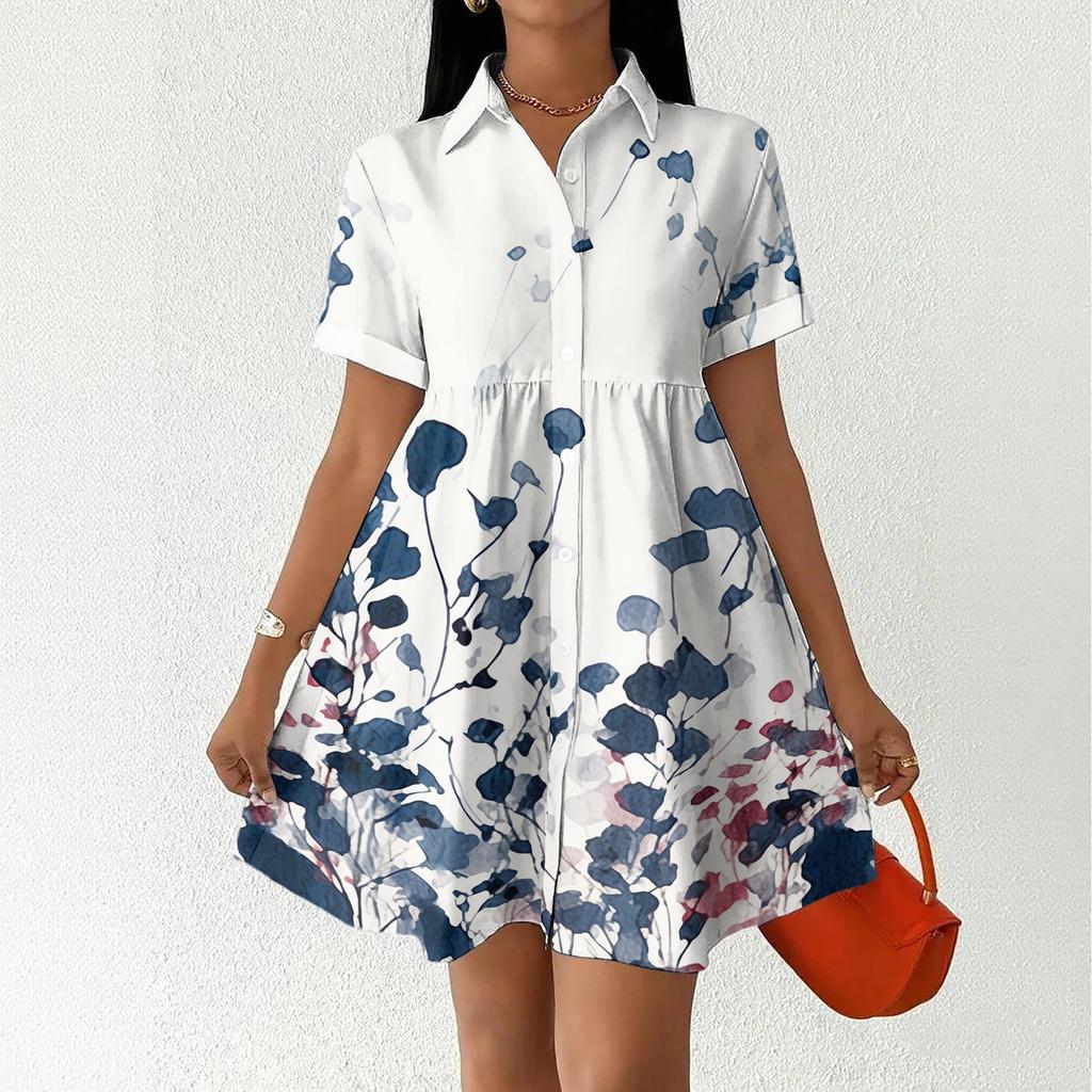 Women Casual Loose Fit Dress Button Front Shirt Dress Short Sleeve Collared Dress Summer Daily Wear