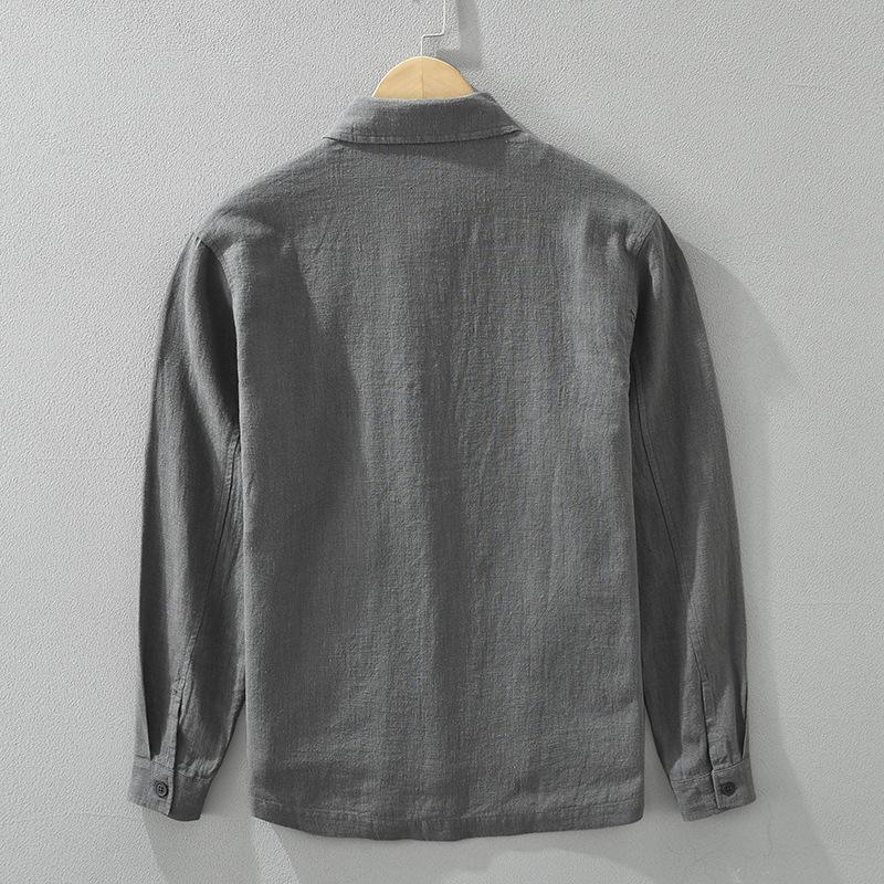 Spring and Summer Cotton Linen Long Sleeve Men Shirt Chinese Style Casual Shirts Lapel Collar Solid Color Button Up Shirt Multi Pocket Overshirt