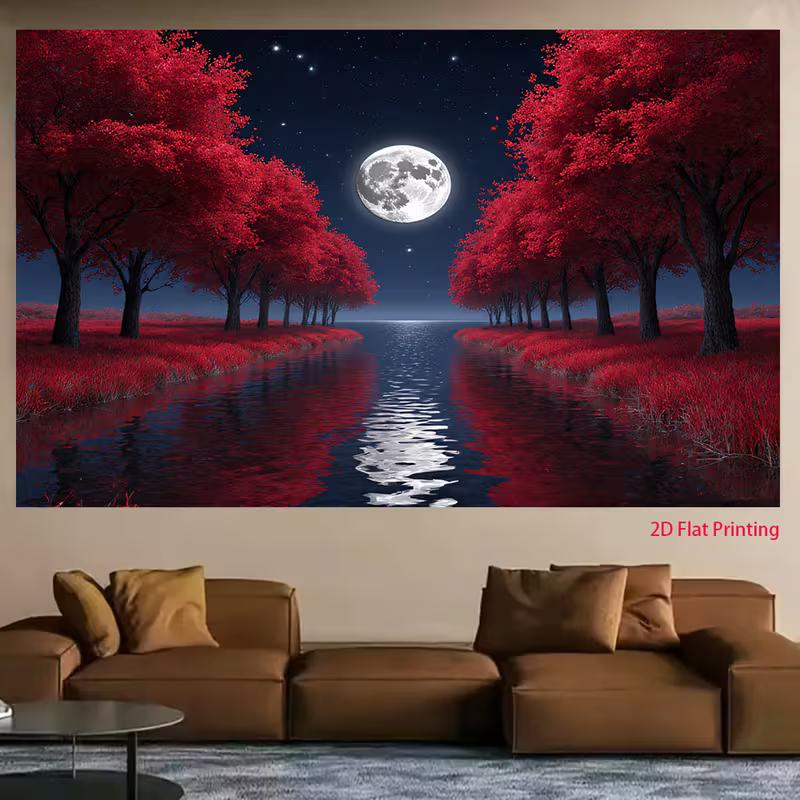 2D Full Moon Red Tree Backdrop 2D Night River Water Reflection Photo Background for Themed Shoot