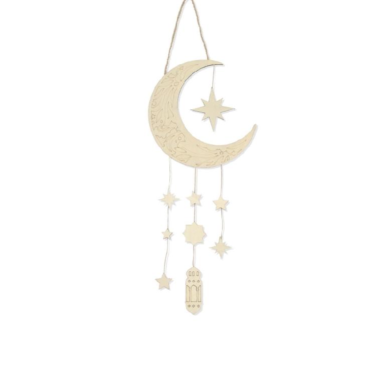 Religious Holiday Decoration Cultural Event Ornament Elegant Wood Moon and Star Hanging Pendant for Home and Mosque Use