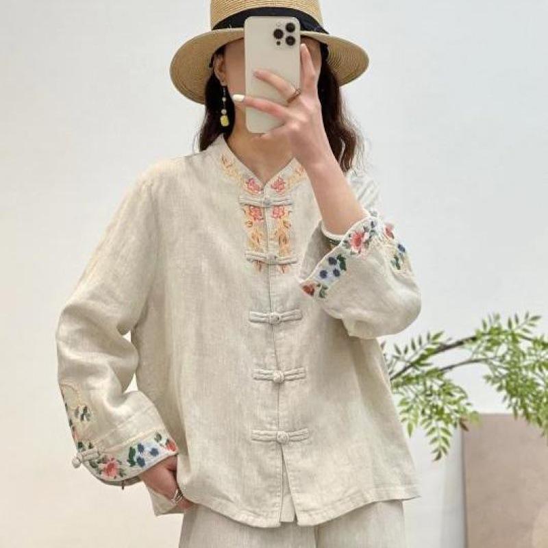 Lente Herfst Retro Etnische Stijl Borduurwerk Enkele Rij Schijfgesp Effen Kleur Kleine Blouse Top