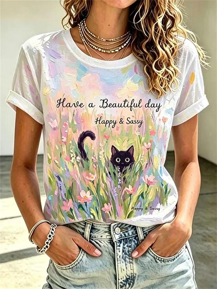 Women's Spring Summer Crew-Neck Short-Sleeve T-Shirt Soft-Toned Tie-Dye with Sun and Peace Symbols Casual Vacation Top