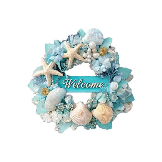 Cartello di Benvenuto Oceano Estate Spiaggia Ghirlanda Rotonda in Legno Stella Marina Conchiglia Costiera Appendiporta per Portico Decorazione Esterna