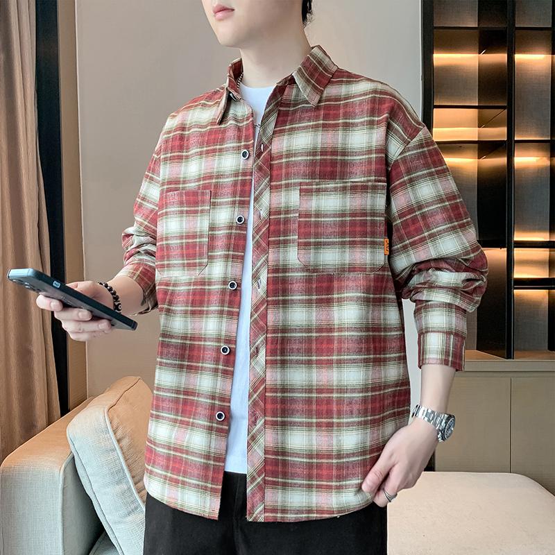 Spring Autumn Polo-neck Vintage Plaid Printing Shirt Men Long Sleeve Casual Fashion Cardigan Blouse All-match Top