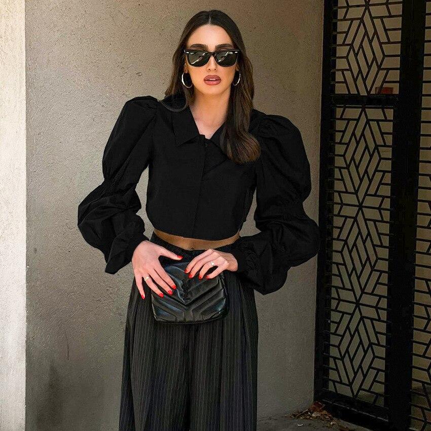 Bufiaste rękawy bawełniana biała bluzka damska moda jesień luźna koszula damska solidna szczupła luźne krótkie topy Feamel ubrania Blusas 28681