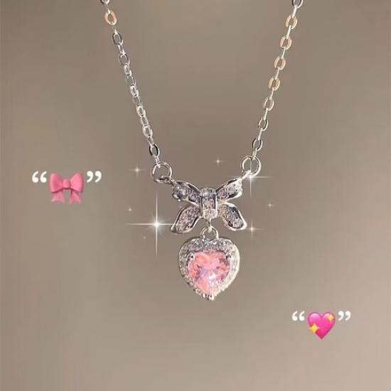 Elegant Pink Heart Zircon Bow Necklace for Women Perfect for Summer Outfits
