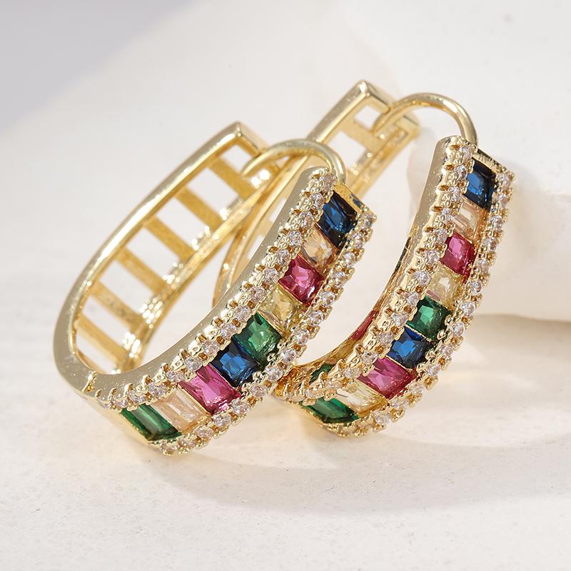 Sparking Colored Synthetic Zirconia Hoop Earrings for Women's Vintage Golden Plated Banquet Wedding Jewelry Accessories