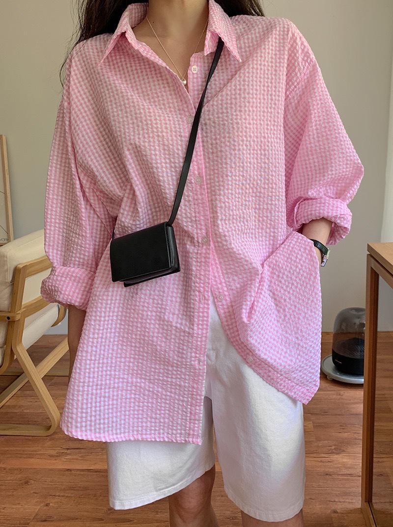 2026 Spring/Autumn Plaid Bubble Gauze Loose Mid-Length Shirt for Gentle Girls Large светло-розовый
