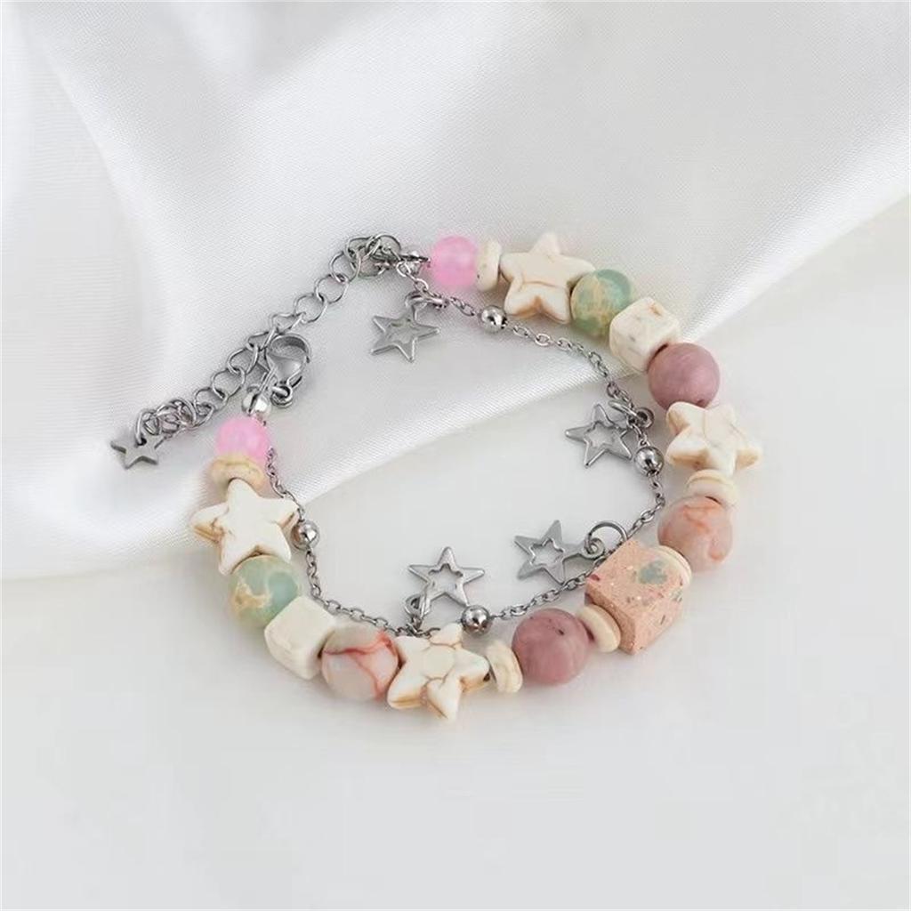Harajuku Resin Imitation Pearl Star Beaded Bracelets For Women Vintage Aesthetic Charm Double Layer Star Chain Bracelet Jewelry