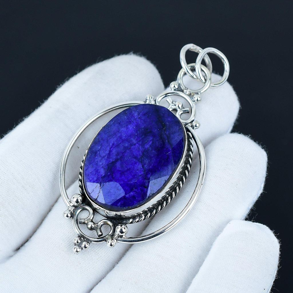 Blue Sapphire Pendant, 925 Sterling Silver Handmade Jewelry, Blue Sapphire Silver Pendant, Party Wear Jewelry For Women's, Pendant Halloween Jewelry