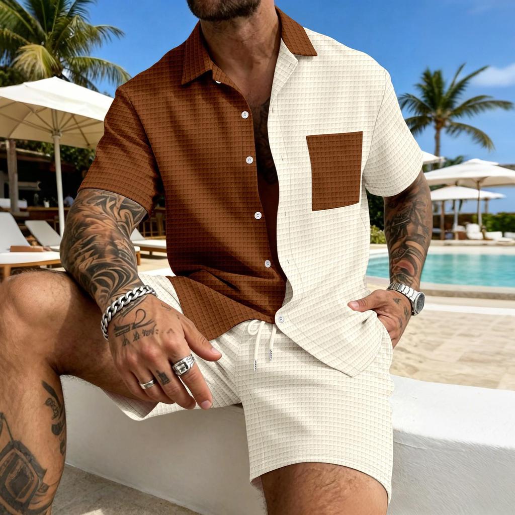 Men's American Summer Plaid Color Block Pocket Shirt & Shorts Casual Set