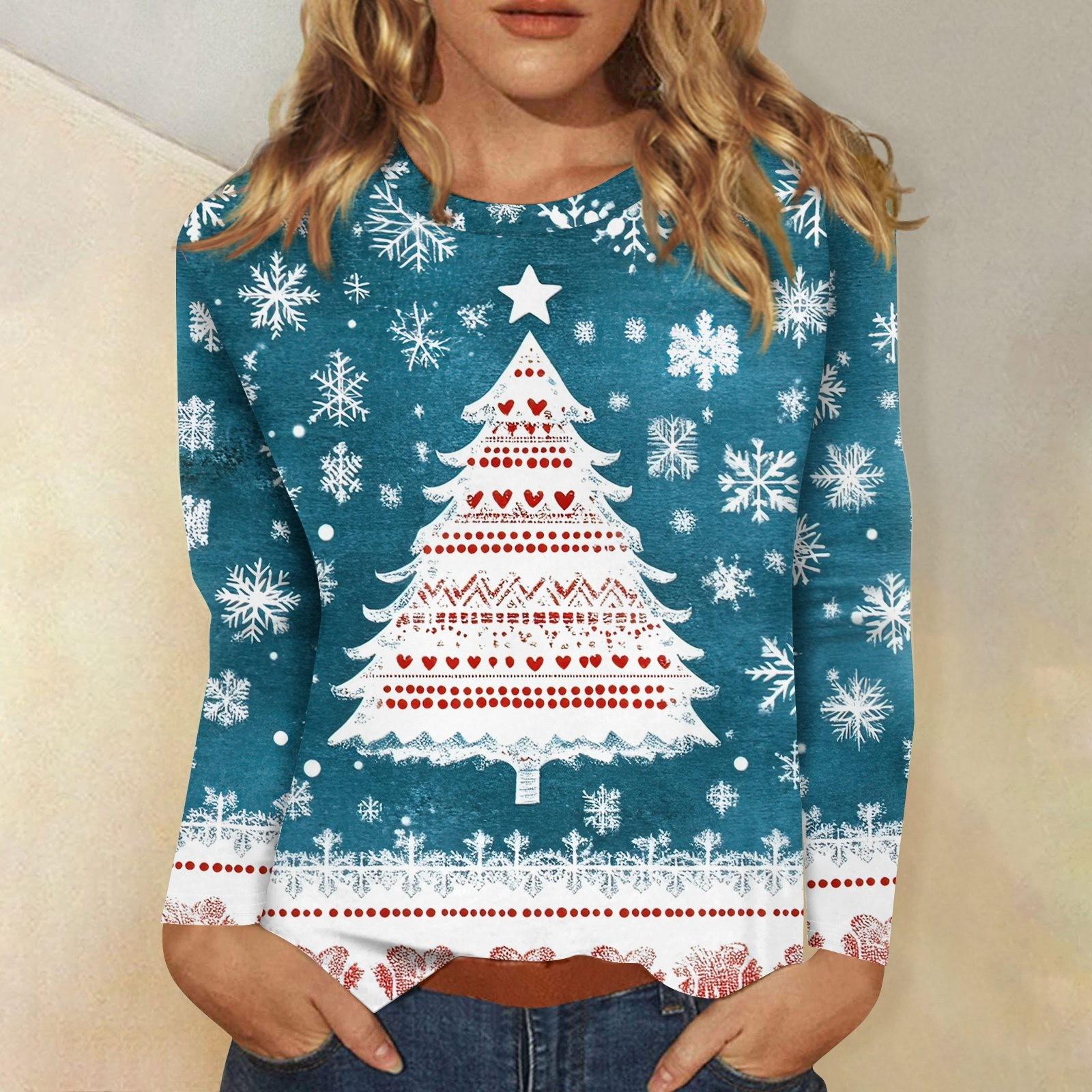 

Жіночий модний повсякденний різдвяний пуловер з круглим вирізом і довгими рукавами L синій