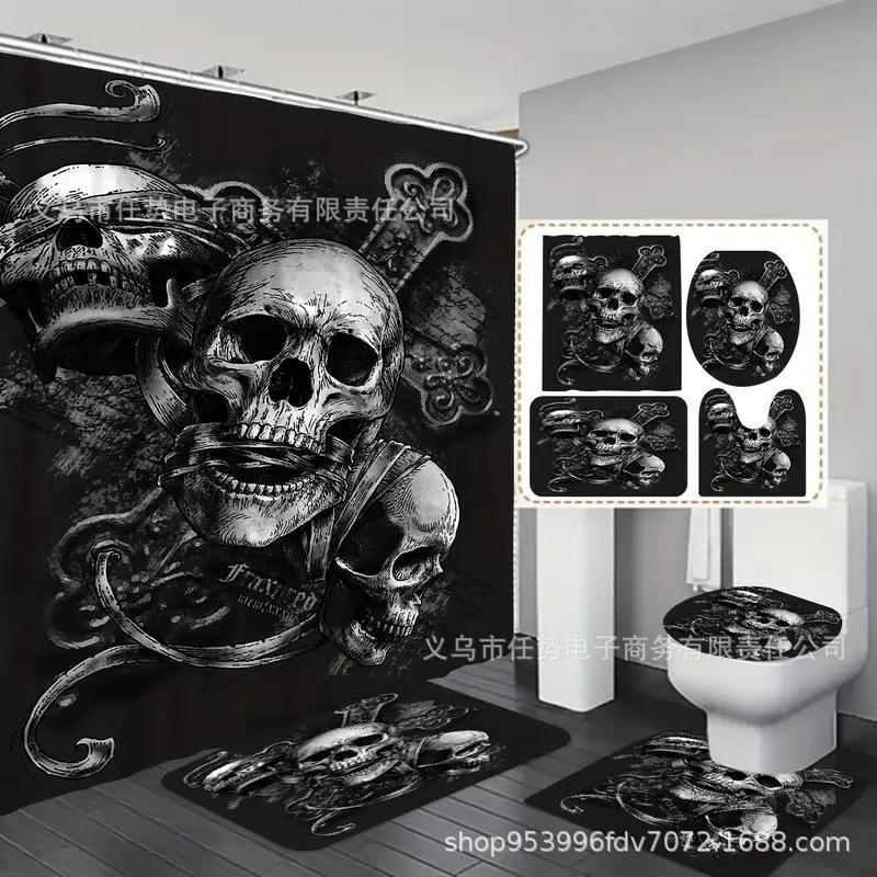 Halloween-Themed Skull Monster 4-Piece Shower Curtain Set Non-Slip Carpet Toilet Cover Bath Mat Curtain