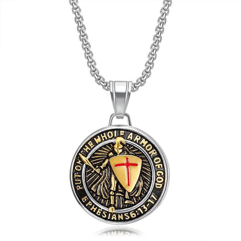 New Vintage Jewelry, Titanium Steel Gold-plated Epoxy Western Medieval Templar Pendant Necklace