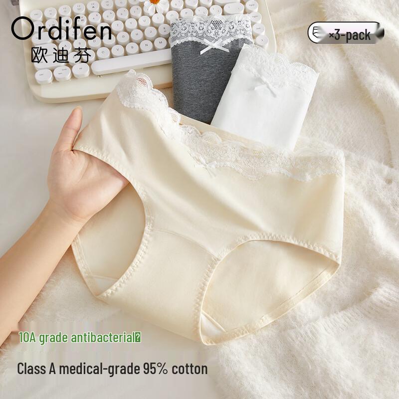 Odeifen Women's Pure Cotton Antibacterial Lace Underwear 3-Pack