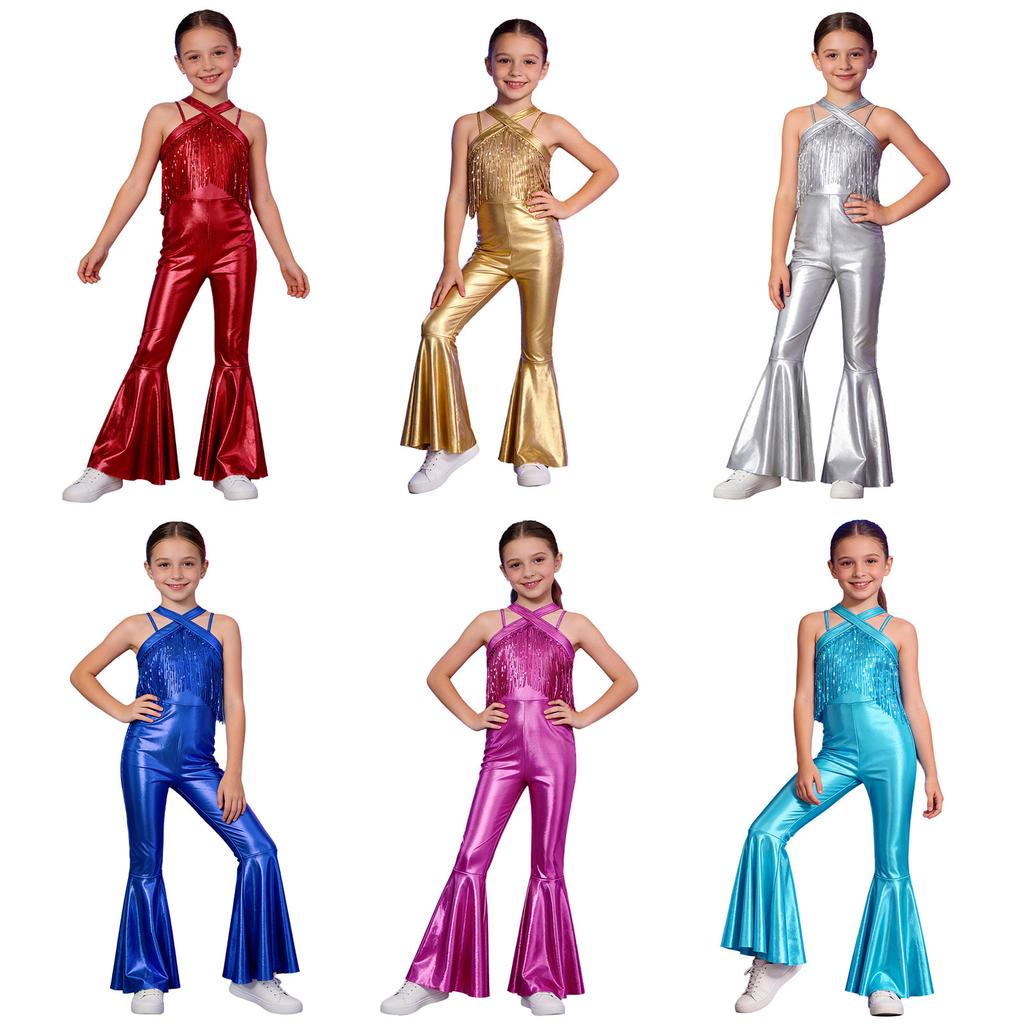 Glänzender Pailletten-Quasten-Schlaghose-Overall für Mädchen: Ärmelloser Metallic-Bodysuit mit verdecktem Reißverschluss für Disco-Tanzpartys