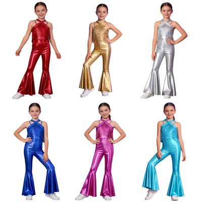 Shiny Sequins Tassels Flare Jumpsuit for Girls: Metallic Sleeveless Back Invisible Zipper Bodysuit for Disco Dance Parties