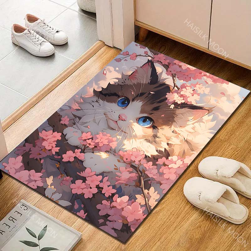 Meerdere maten Kat met Kersenhoutbloesems Tapijt voor Woonkamer Slaapkamer Bank Huisdecoratie Rus Antislip Vloermat Luxe Cadeau