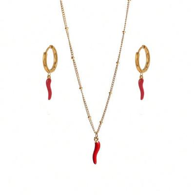 Set Collana e Orecchini Peperoncino Rosso in Acciaio Titanio Oro 18k – Impermeabile, Inalterabile