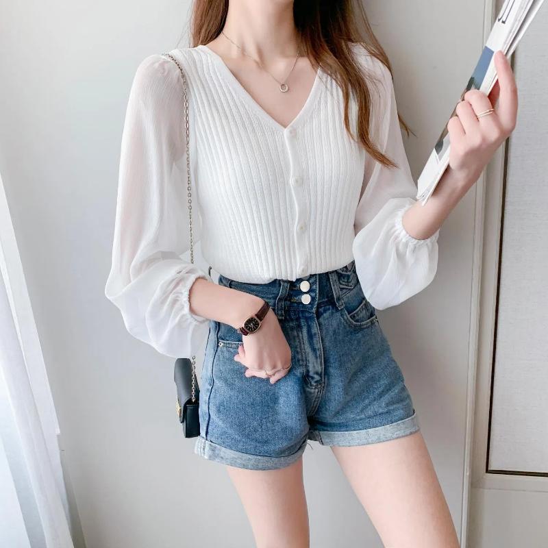 

Весна Осень Трикотажная рубашка из ледяного шелка Новая однотонная с вставками с длинным рукавом Женская одежда Модная шифоновая тонкая модель Шикарные топы One size белый