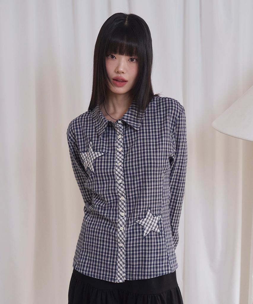 PRENDA Star Patch Check Long Sleeve Shirt Navy