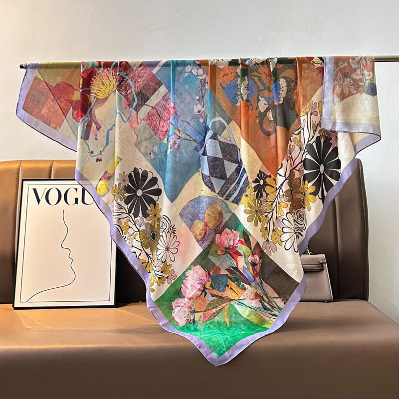 French retro ethnic style 111 imitation silk scarf large square scarf with shawl beach towel for women in spring and autumn