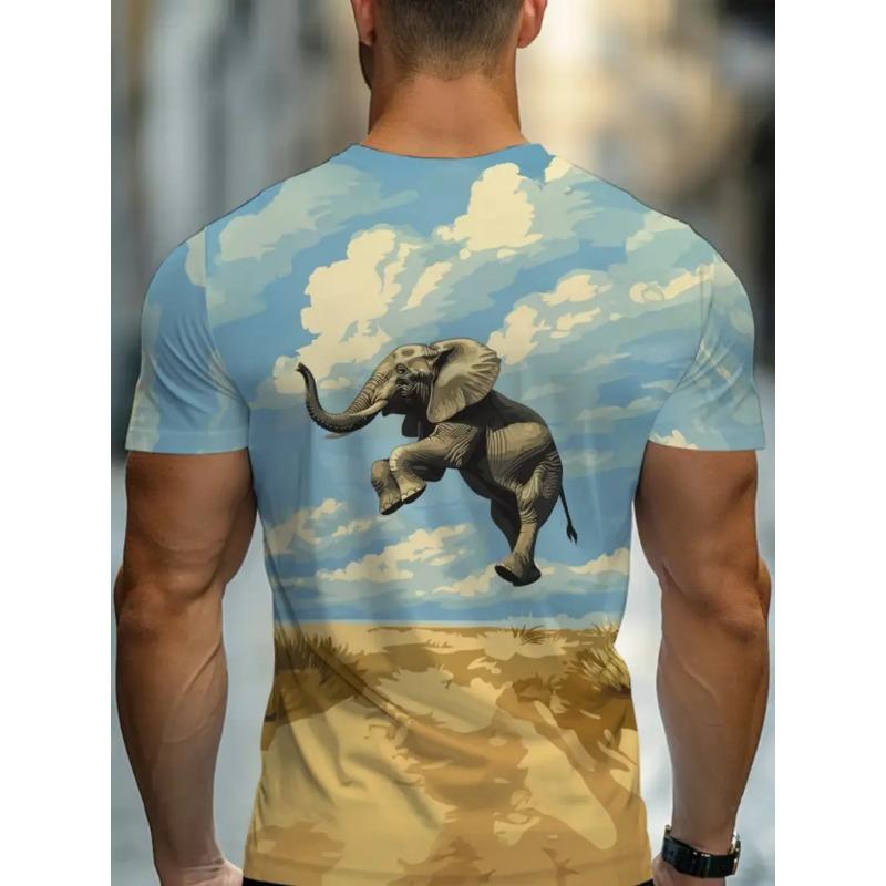 Men's 3D Elephant Print T-shirt Short Sleeved T-shirt Breathable Polyester Round Neck Casual Streetwear Top