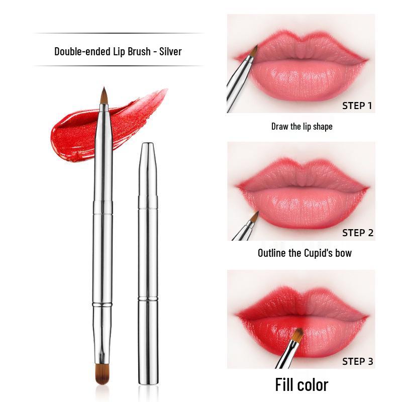 Double-Ended Retractable Lip Brush with Cap – Portable Metal Lip Liner and Lipstick Brush