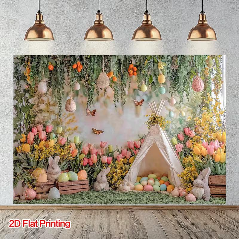 2D Easter Bunny Tapestry, Spring Garden with Colorful Eggs Backdrop