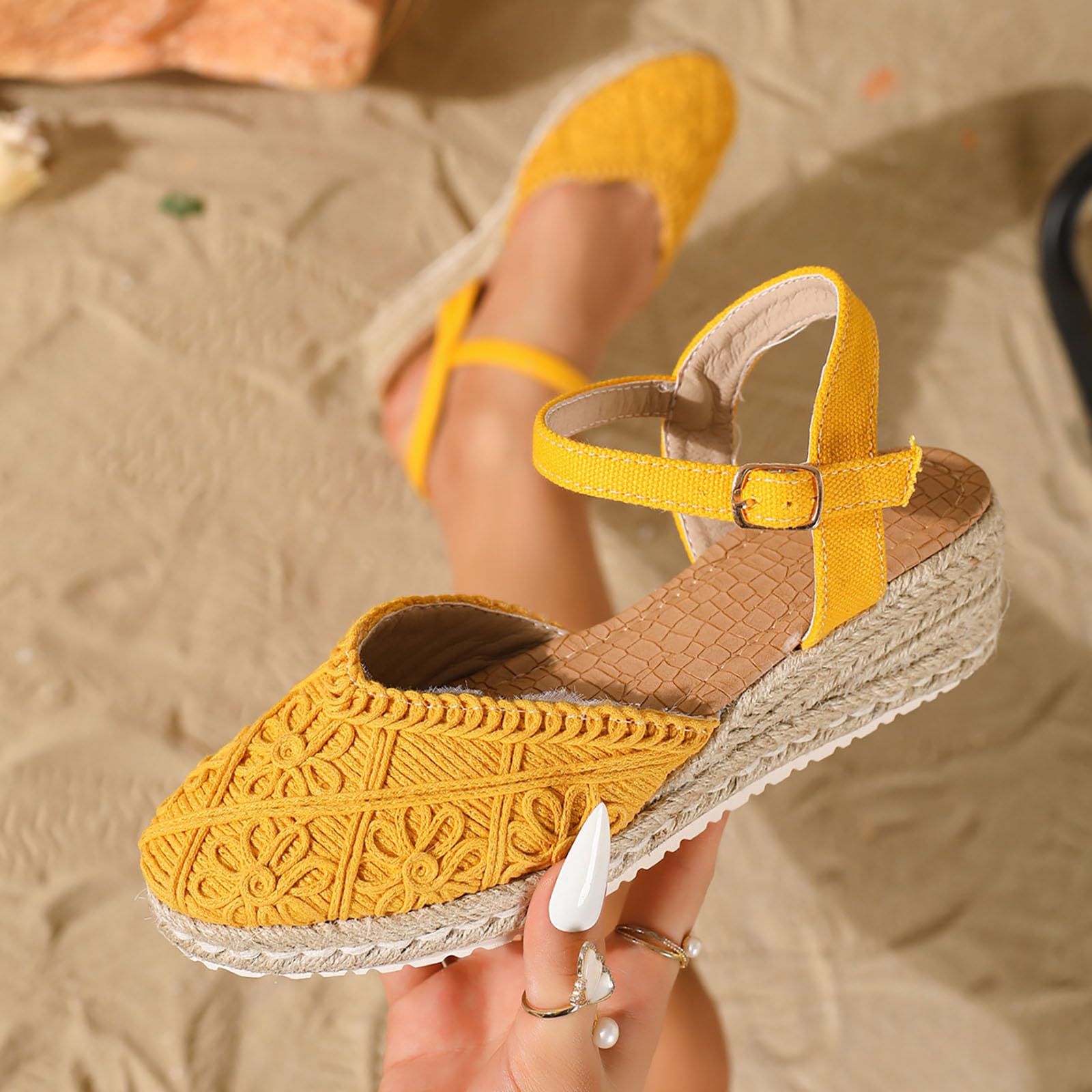 

Women s lace open toed canvas adjustable breathable fashionable retro walking vacation sandals 42 жовтий