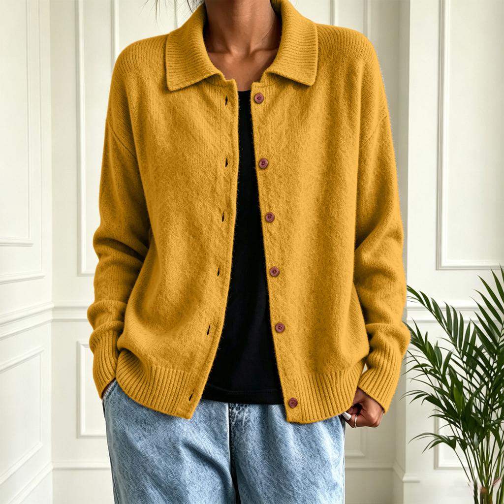 Women's Color Knit Cardigan Sweater with Long Sleeve and Button Lapel