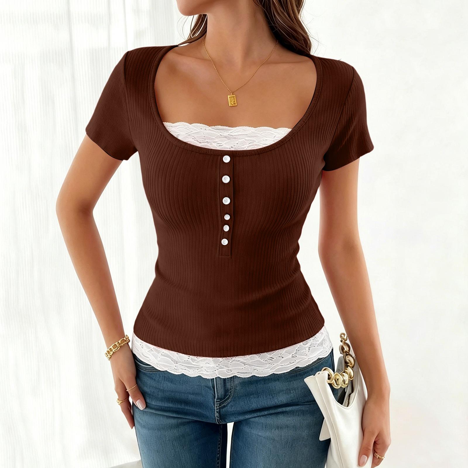 

Women s Short Sleeve Layered Lace Top Ribbed Knit Slim Fit T Shirt Button Detail Casual Blouse XL кавовий