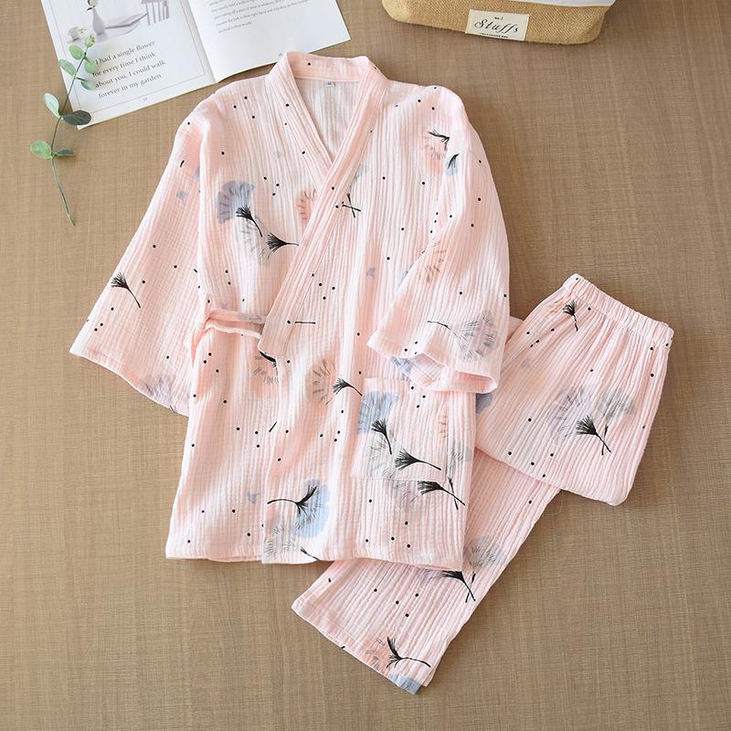 Pijama feminino primavera e verão conjunto de duas peças calças manga três quartos algodão puro crepe renda conjunto de roupa para casa