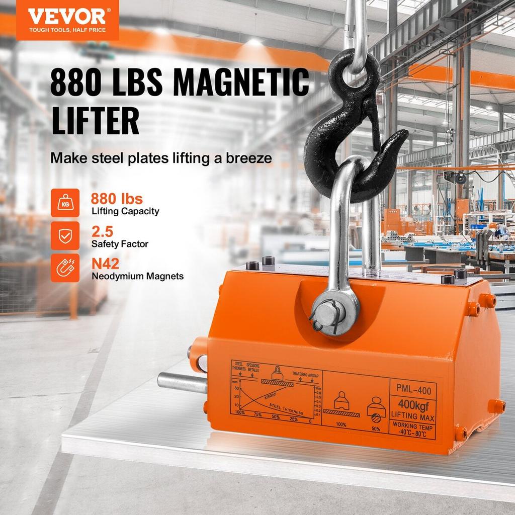 Magnetic Lifter, 880 lbs/400 kg Pulling Capacity, 2.5 Safety Factor, Neodymium & Steel, Lifting Magnet with Release, Permanent Lift Magnets, Heavy