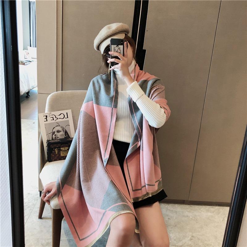 Autumn and winter new double-sided geometric imitation cashmere scarf women's high-end feeling thick warm thickened shawl scarf