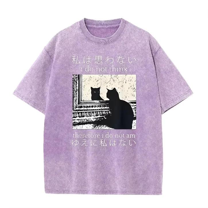 Japansk Citat Spejl Kat Grafisk Vintage Vask Oversized Sort T-shirt Mørk Academia Katteelsker Street Top